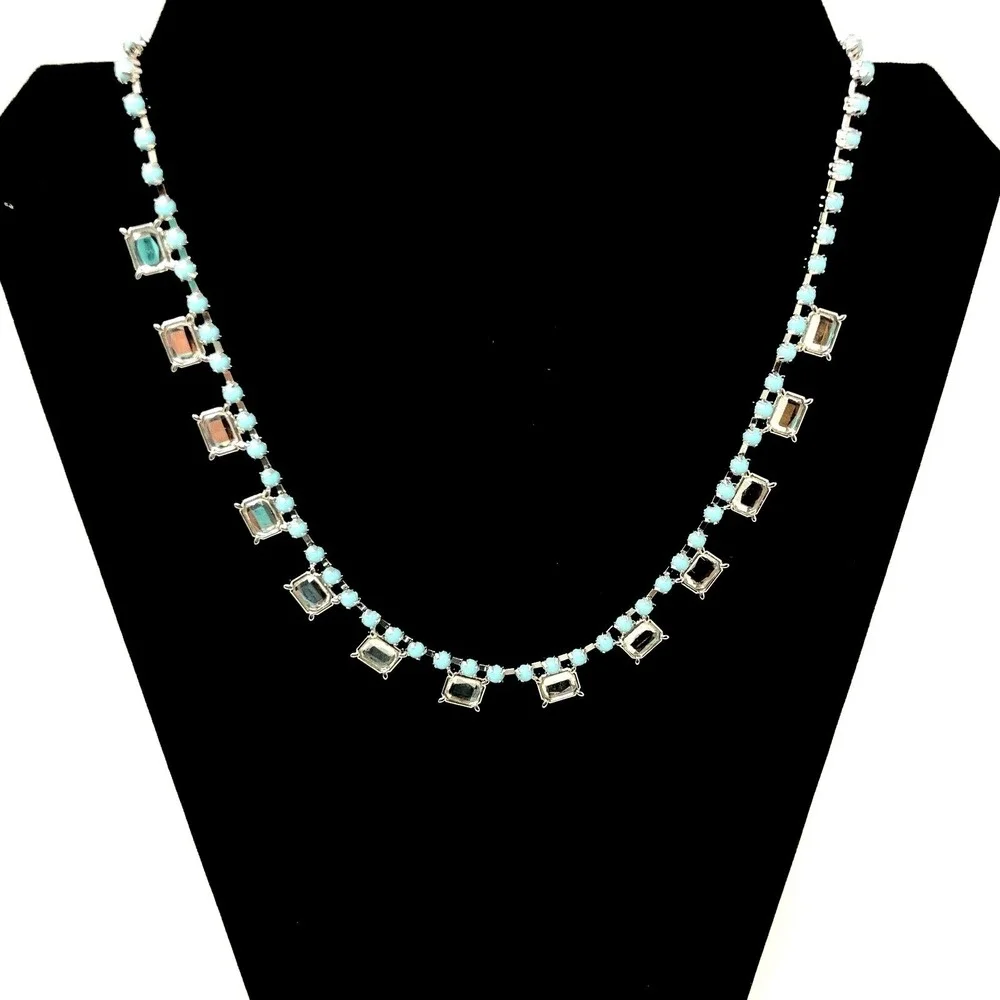 Lia Sophia Necklace Pendant Silver Tone Teal Blue Beads Clear Crystals Damsel